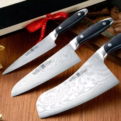 Maestro Wu Kitchen Knife 3 Piece Set - Damascus Cleaver chef knife, Gyuto Chef Knife and Petty Knife (AMA-1,3,4)