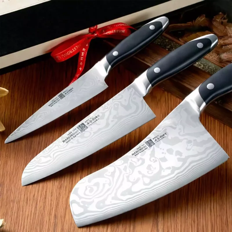 Maestro Wu Kitchen Knife 3 Piece Set - Damascus Cleaver chef knife, Gyuto Chef Knife and Petty Knife (AMA-1,3,4)
