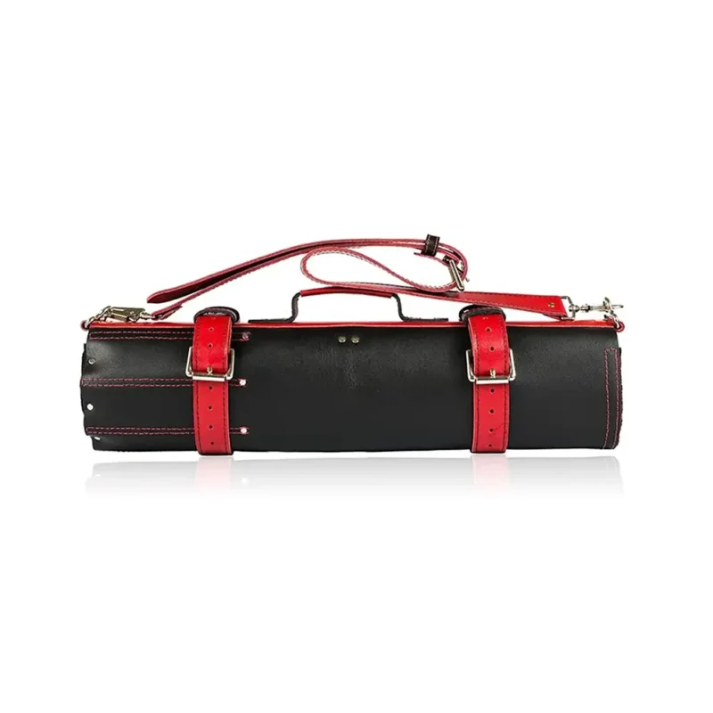 Leather Chef Knife Roll Bag, Black & Red Color