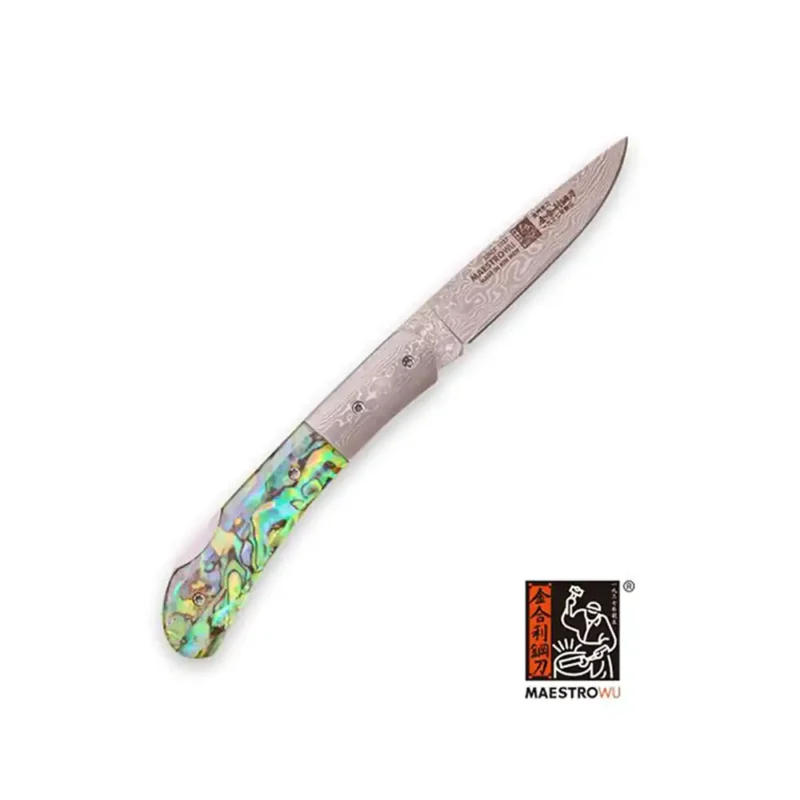 Maestro Wu 2.5" Damascus Steel Folding Pocket Knife with Abalone Shell (B-20)