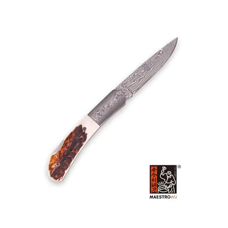 Maestro Wu 2.5" Damascus Folding Pocket Knife with Antler Handle
