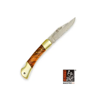 Maestro Wu 3″ Damascus Folding Pocket Knife – Classic Wood & Brass (B-22)