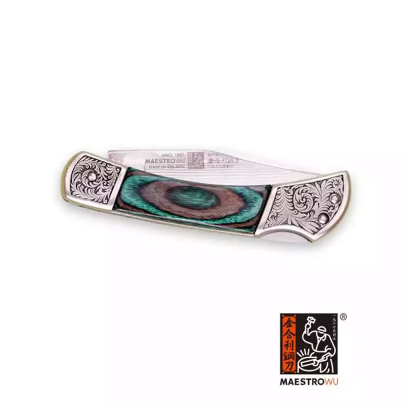 Maestro-Wu-Folding-Knife- Green-wood-with-dragon pattern-2