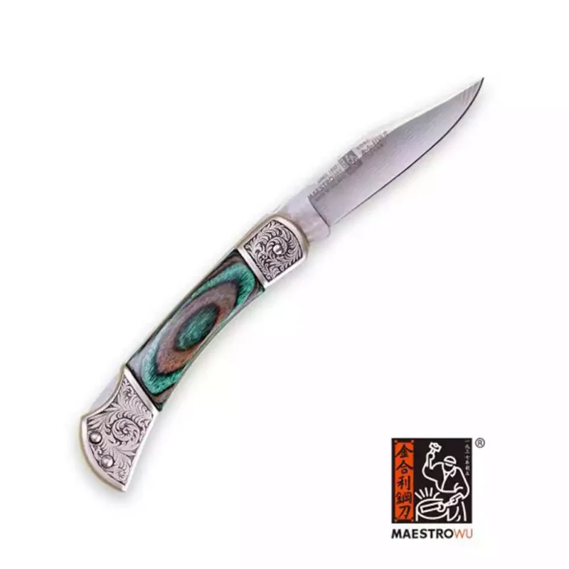 Maestro Wu 3" Damascus Folding Pocket Knife - Green & Silver